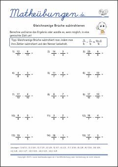 Gleichnamige Brüche subtrahieren - Mathe-Aufgaben mit Lösungen