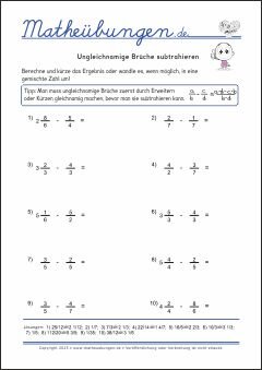 Ungleichnamige Brüche subtrahieren - Mathe-Aufgaben mit Lösungen