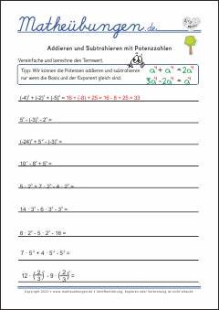 Potenzen addieren und subtrahieren Übungen