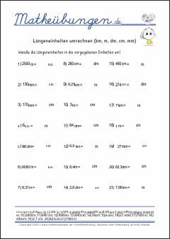 Längeneinheiten umrechnen (km, m, dm, cm, mm)  - Mathe-Übungen mit Lösungen
