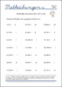 Hohlmaße umrechnen (hl, l, dl, cl, ml)  - Mathe-Übungen mit Lösungen