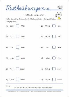 Hohlmaße vergleichen  - Mathe-Übungen mit Lösungen