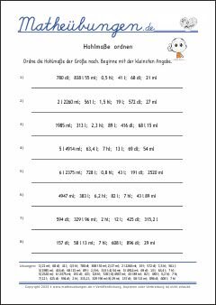 Hohlmaße ordnen  - Mathe-Übungen mit Lösungen