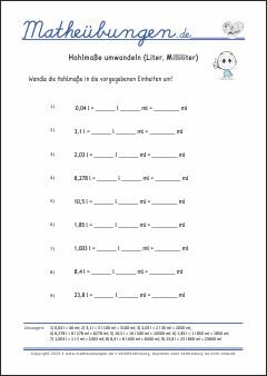 Hohlmaße umrechnen (l, ml)  - Mathe-Übungen mit Lösungen