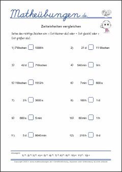 Zeiteinheiten vergleichen  - Mathe-Übungen mit Lösungen