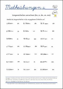 Längeneinheiten umrechnen (km, m, dm, cm, mm)  - Mathe-Übungen mit Lösungen