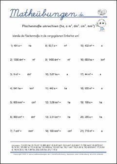 Flächenmaße umrechnen (km2, ha, a, m2, dm2, cm2, mm2)  - Mathe-Übungen mit Lösungen