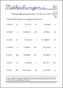 Flächenmaße umrechnen (km2, ha, a, m2, dm2, cm2, mm2)  - Mathe-Übungen mit Lösungen