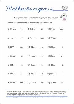 Längeneinheiten umrechnen (km, m, dm, cm, mm)  - Mathe-Übungen mit Lösungen
