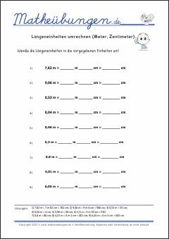 Längeneinheiten umrechnen (Meter, Zentimeter)  - Mathe-Übungen mit Lösungen