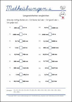 Längeneinheiten vergleichen  - Mathe-Übungen mit Lösungen