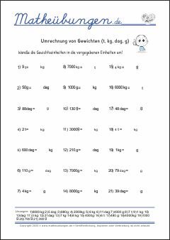 Umrechnung von Gewichten (t, kg, dag, g)  - Mathe-Übungen mit Lösungen