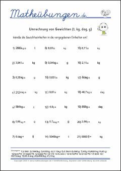 Umrechnung von Gewichten (t, kg, dag, g)  - Mathe-Übungen mit Lösungen